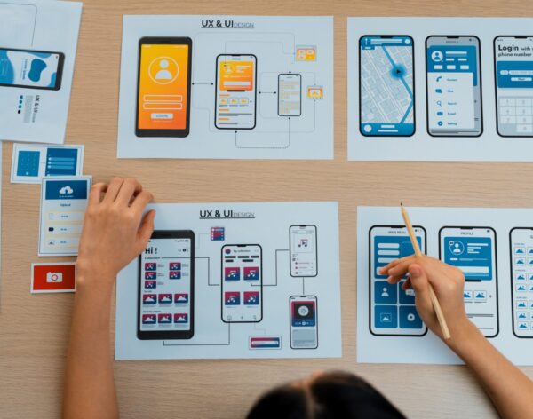 Top view panorama banner of startup company employee planning on user interface prototype for mobile application or website in office. UX UI designer brainstorm user friendly interface plan. Synergic