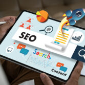 businessman Search engine optimization, SEO Marketing on a tablet screen