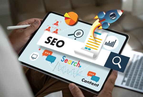 businessman Search engine optimization, SEO Marketing on a tablet screen