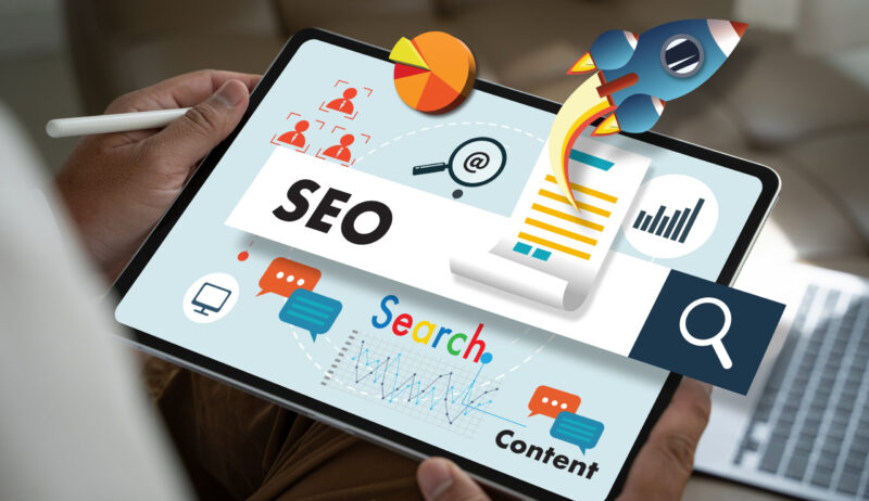 businessman Search engine optimization, SEO Marketing on a tablet screen