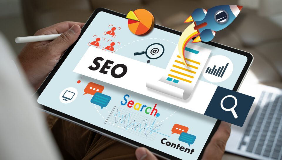 businessman Search engine optimization, SEO Marketing on a table businessman Search engine optimization, SEO Marketing on a tablet screen